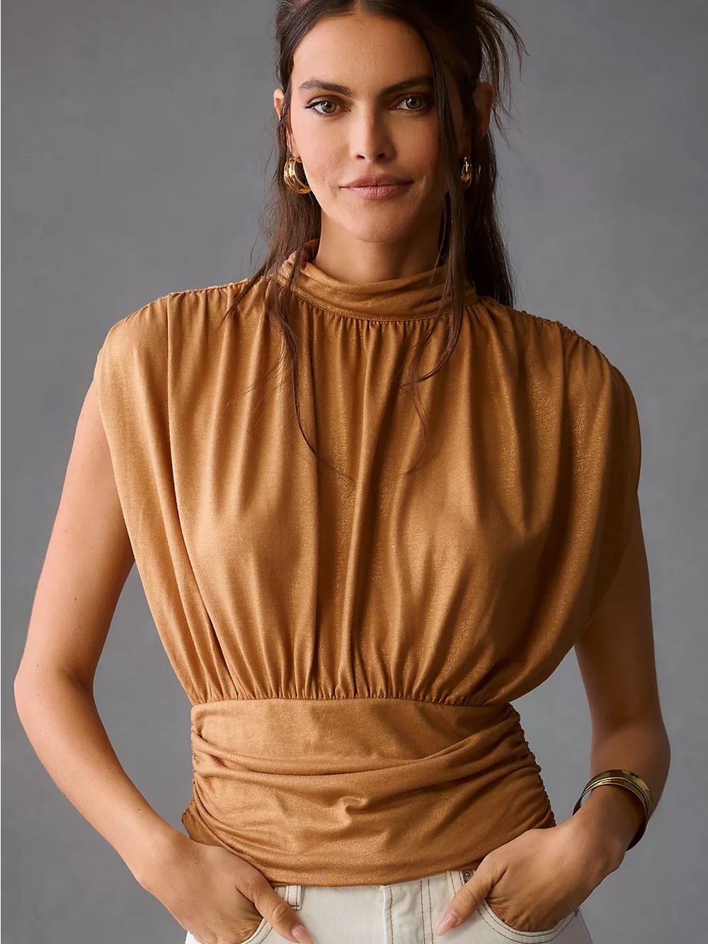 Anthropologie Maeve Ruched Mockneck Muscle Tee in caramel color, XS